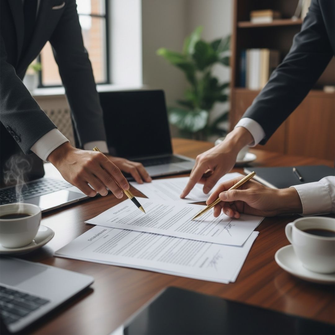 Close-up of hands reviewing complex legal documents