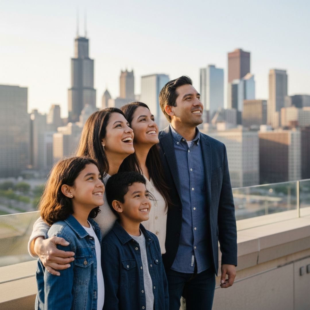 family looking optimistically at city skyline