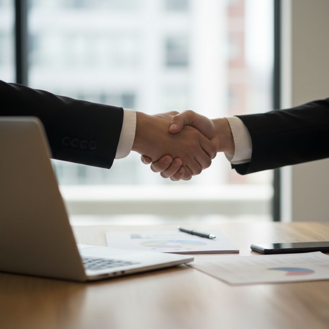 Professional handshake across a desk, signifying trust