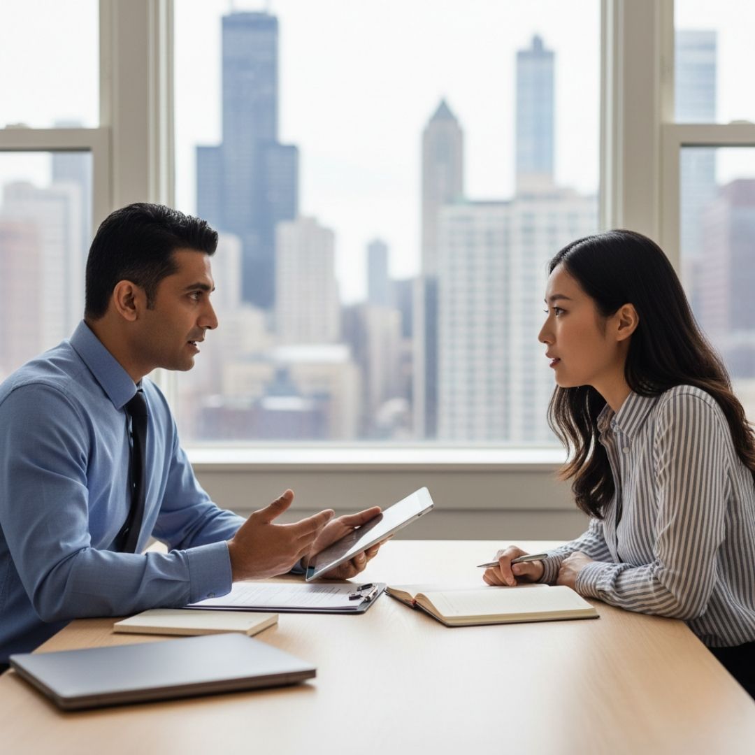 Lawyer consulting with a client, both engaged in discussion